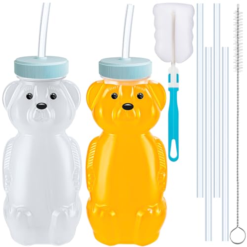 Image of 2 PCS Honey Bear Straw Cup, Baby Straw Cups with 4 Flexible Straws and 2 Brushes, 8oz Special Supplies Juice Bear Bottle for Infant Feeding, Drinking Needs of Those with Poor Oral Health(Blue)