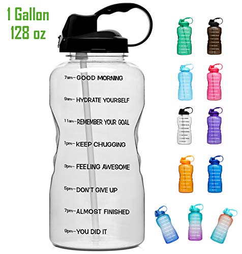 Giotto Large 1 Gallon/128oz Motivational Water Bottle with Time Marker & Straw, Leakproof