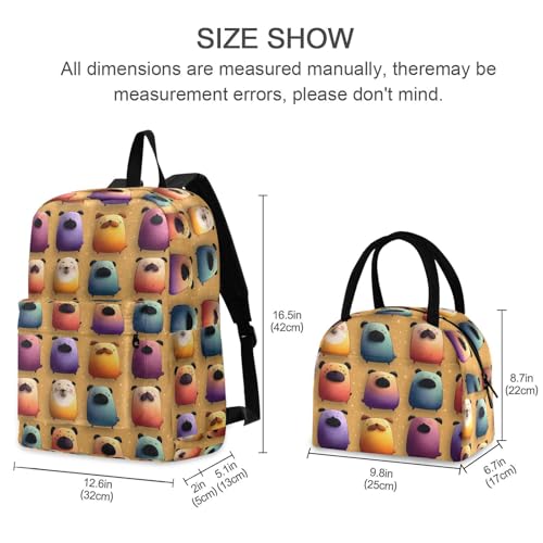 Colored Pug Print Backpack Set with Lunch Bag, Large Capacity Travel Backpacks and Lunch Box Insulated for Commute Hiking Picnic2