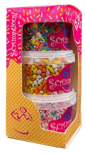 Scrumptious! - Trio - Ice Cream Favourites Edible Cake Topper Sprinkles Cupcake Decorations - 1x70g Fun Chips, 1x80g Matt Rainbow Strands, 1x90g Multicoloured 100s and 1000s in a Box