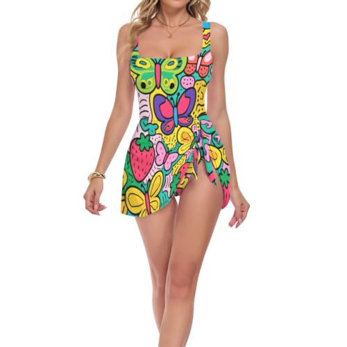 Maillot de bain rembourré à motif coloré fraises et papillons champêtres