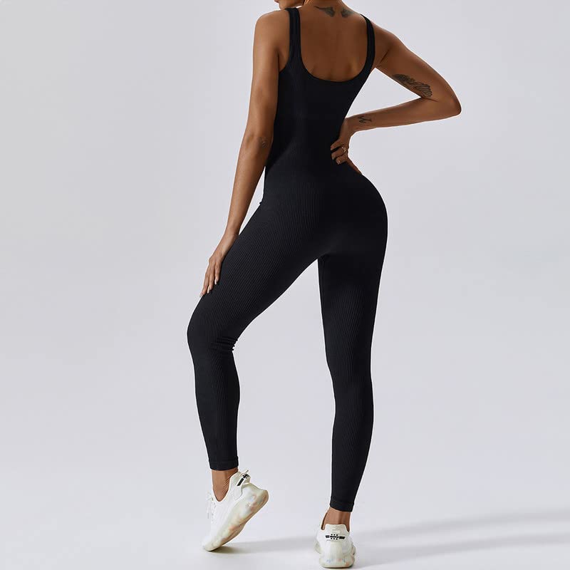 Litthing Tuta Intera Donna Sportiva Aderente Sexy Scollo Quadrato Completo per Yoga Senza Maniche Nero Jumpsuit Palestra Abbigliamento Costine Elastico Tutina Sportivo