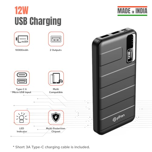 pTron Newly Launched Dynamo Nitro 10000mAh 12W Power Bank, Dual USB Charging Ports, 2 Input Ports Type-C & Micro USB, Made in India, Multiple Layers of Protection & BIS Certified (Black) 7 41LChJJbThL