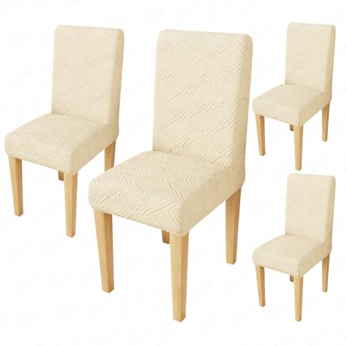 Image of Lukzer Elastic Dining Chair Cover - 4PC Pastel Yellow Leaf Trail | Textured High Stretch Jacquard Seat Cover | Removable Washable Short Dining Chair Cover Protector Seat Slipcover | (CC-126-04)
