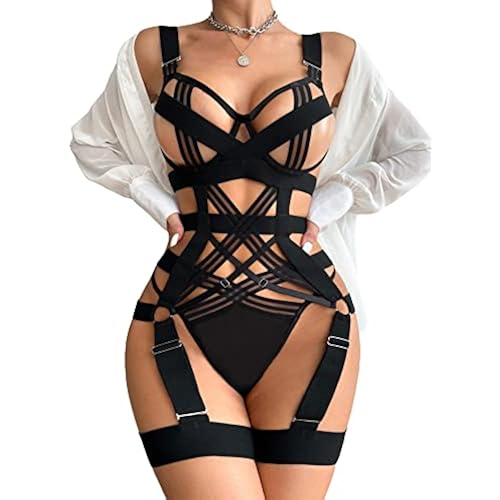 WDIRARA Women's Exotic Strappy Harness Hollow Out Underwired 4 Piece Lingerie Set