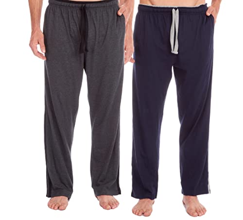 INSIGNIA 2 Pack Mens Plain Pyjama Lounge Bottoms Pants Soft Jersey (Navy -Charcoal Stripes, L)
