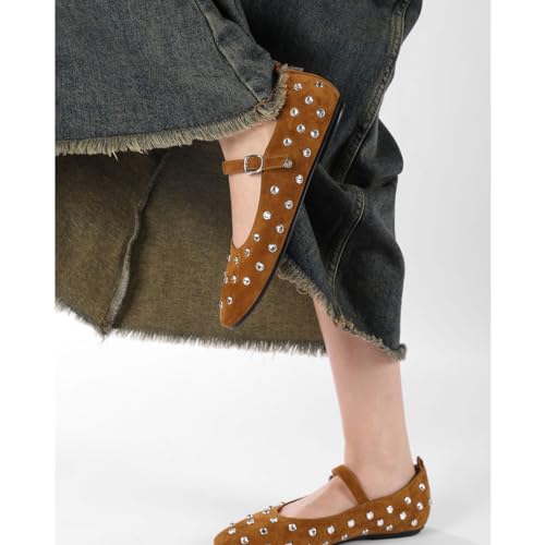MRKEWUNEY Ballet Flats for Women Rhinestone Rivet Buckled Strap Mary Jane4
