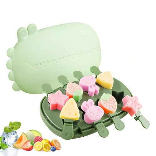 Shwdsy Moldes Helados Silicona, 8 Compartimentos Moldes Para Helados, Reutilizable Molde Helado Bebe, con Palitos y Tapa con Forma de Cocodrilo, Ideal para Diversión Diy, Verano y Fiestas