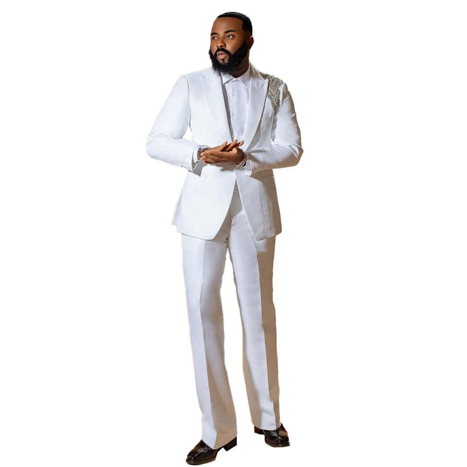 Men's Luxury White Two-Piece Wedding Suit with Crystal Embellished Shoulder, Peak Lapel, Formal Evening Tuxedo