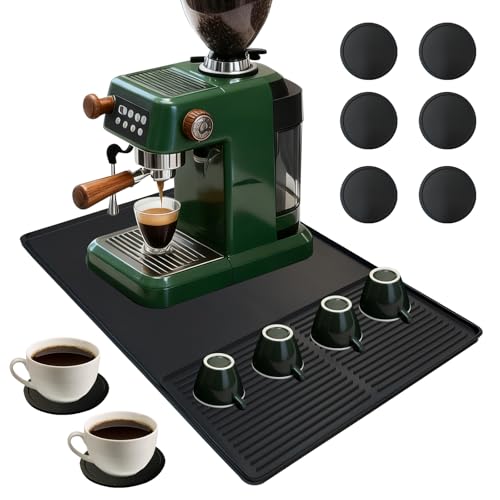 Laaorr Silicone Coffee Mat with 6 Coasters 61x40cm Large Coffee Machine Mat with Detachable Draining Mat for Countertop Coffee Bar Matt Non-Slip Heat Resistant Worktops Dish Drying Base Mat