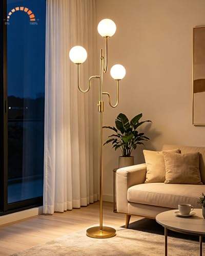 Lightdot 68IN Globe Gold Floor Lamp Dimmable Floor Lamps with 3000K Soft Warm White for Wedding/Party, 3-Arm Mid Century Modern Standing Tall Lamp for Living Room/Bedroom/Sofa Beside/Corner Decor