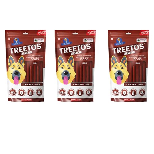 Image of Dr. Pets Pack of 3 (85g Each) Treetos Chicken Stix Dog Treats | Chicken Liver Flavour | Soft Chew Sticks for Puppies & Adult Dogs | Training Reward Snacks | Pouch Pack
