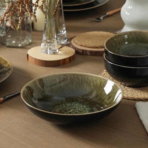 Image of Stone Lain Riley 32-Piece Dinnerware Set Stoneware, Plates and Bowls Set, Dishwasher and Microwave Safe, Dish Set for 8, Black and Green