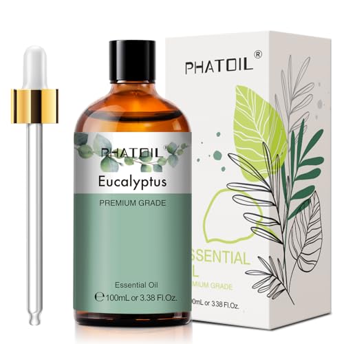 Eucalyptus Essential Oil 100ML PHATOIL 100% Pure Eucalyptus Oils with Glass Dropper for Skin Care Aromatherapy Diffuser and DIY Soap Making