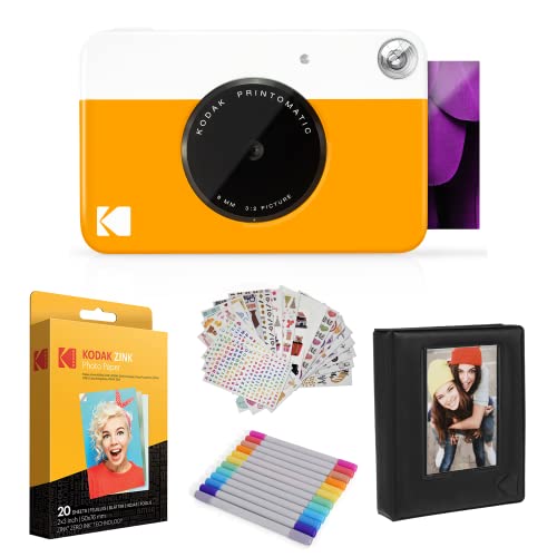 Kodak Printomatic Instant Camera (Yellow) Gift Bundle + Zink Paper (20 Sheets) + Deluxe Case + 7 Fun Sticker Sets + Twin Tip Markers + Photo Album + Hanging Frames + Comfortable Neck Strap