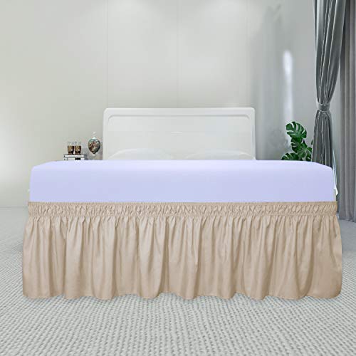 PureFit Wrap Around Ruffled Bed Skirt with Adjustable Elastic Belt - 14 Inch Drop Easy to Put On, Wrinkle Free Bedskirt Dust Ruffles, Bed Frame Cover for Twin, Twin XL and Full Size Beds, Beige