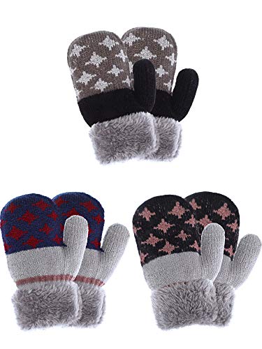 Tatuo 3 Pairs Kids Full Finger Gloves Winter Plush Lined Gloves Knitted Thicken Mittens for Infant Boys Girls Usage (Color Set 2)