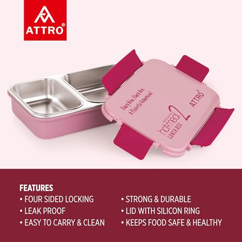 Image of ATTRO Hot-Meal 2 Insulated Lunch Box with 2 Compartment, Inner Stainless Steel & Locking Lid BPA-Free Food Grade Ideal for School, Office - 800ml Peach