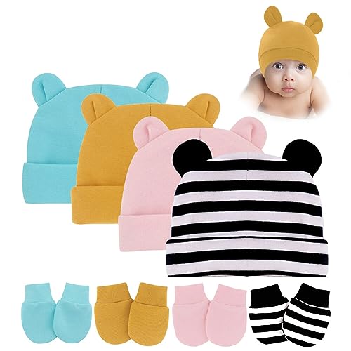 Image of PHEZEN Newborn Baby Bear Ears Hats and Mittens Sets Preemie Cotton Caps Baby Boy Girl Infant Hospital Beanie 4 Sets Type 6