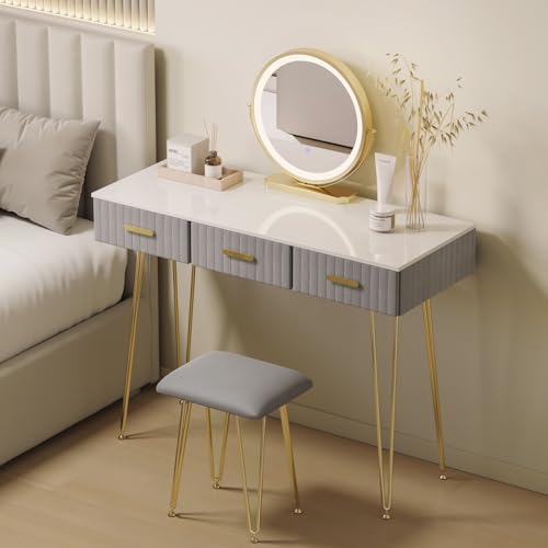 WOLTU Schminktisch mit Beleuchtung und Hocker, Frisiertisch mit Spiegel, 3 Schubladen aus Massivholz, Große Hochglanz Tischplatte 100x40cm, Modern Kosmetiktisch aus Samt Metall, Grau Weiß, MB6108gr