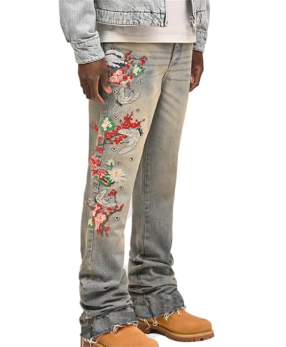 Men's Jeans Distressed Floral Embroidery Straight Leg Stretch Denim Pants Streetwear Trousers