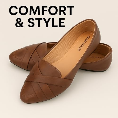 Image of Women's Stylish Flat Belly Shoes - Comfortable Faux Leather Slip-Ons with Crisscross Strap Flats for Office & Casual