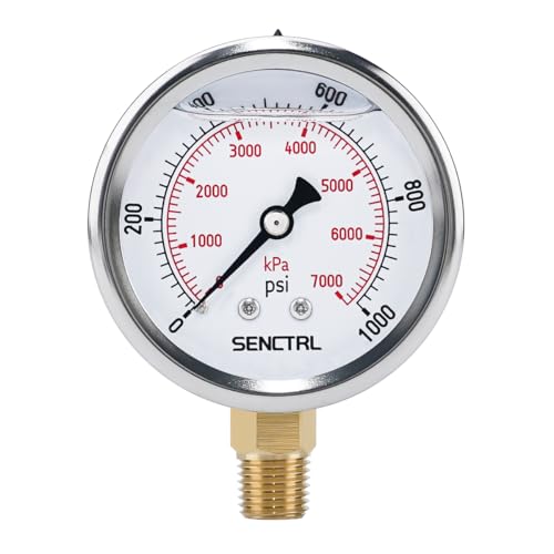 SENCTRL 0-1000 Psi Liquid Filled Pressure Gauge, 1/4" NPT Lower Mount