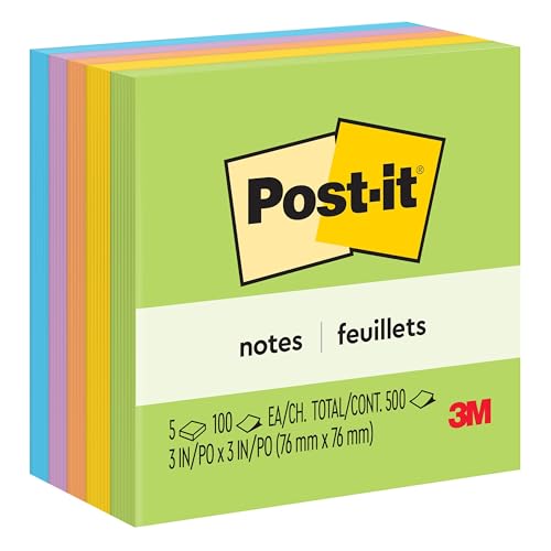 Image of Post-it Notes 654-5UC 3 inch x 3 inch, Five 100-Sheet Pads - Ultra Colors