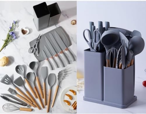 Kit de Utensílios de Cozinha em Silicone com Cabo de Madeira 19 Peças - Qualidade Premium para uma C