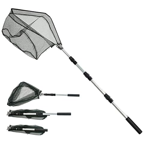 Stainless Steel Triangular Folding Fishing Net -1.8m Extendable Telescopic Long Handle -Red Tangle Proof, Clean Tools for Children, Aquarium, Ponds Floating Objects, Birds Cover