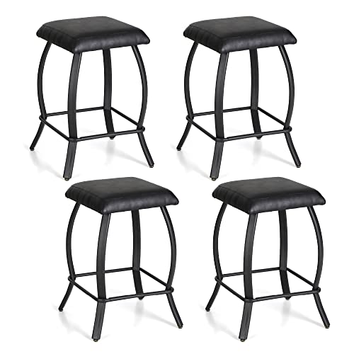 Alpha Home 26" Bar Stools Counter Height Bar Stools Set Of 4 With Footrest Pu Leather Backless Kitchen Dining Cafe Chair With Thick Cushion & Sturdy Chromed Metal Frame Base For Indoor,Black,4Pcs #TOP24