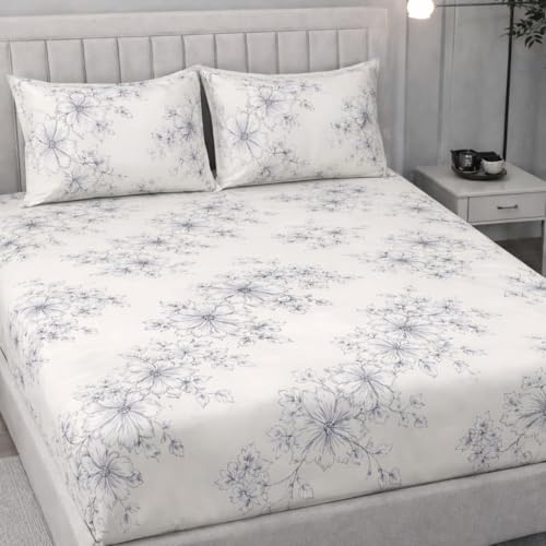 Image of 350 TC Premium Heavy Cotton Feel Elastic Fitted Bedsheet Queen Size with 2 Pillow Covers || Double Bed with All Around Elastic (WhiteFlowers, Fitted -60x78 Queen)