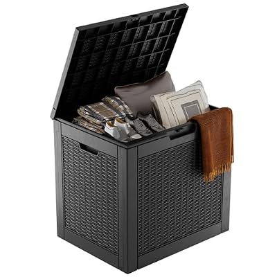 GGYI 31 Gallon Waterproof Outdoor Resin Deck Box with Lockable Lid, Stylish Wicker Pattern, Easy Assembly Features and Convenient Handles For Patio Cushion, and other Patio Furniture (Black)