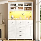 Lahoomu Seitenboard/Aufbewahrungsschrank/Küchenschrank/Buffetschrank, 104x40x180cm, Landhausstil, 4 Türen, mit LED-Lichtleiste & Getränkehaltern, Weiß
