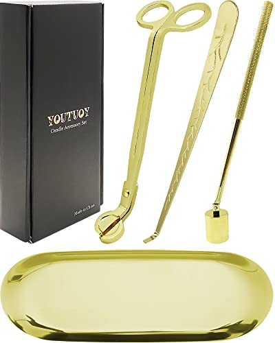 YOUTUOY 4-i-1 ljustillbehörssats med förvaringsbrickplatta, ljusavekare, ljusavekare, ljusavekare, perfekt för doftande ljusälskare (guld)