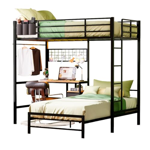 HOMELYA Litera Individual de Acero 5 en 1 con Luz LED y Estación de Carga Móvil - Doble Base Cama Individual, Escritorio, Cajón, Cesta, Perchero, Malla Metálica con 6 Ganchos y Estante (Negro)