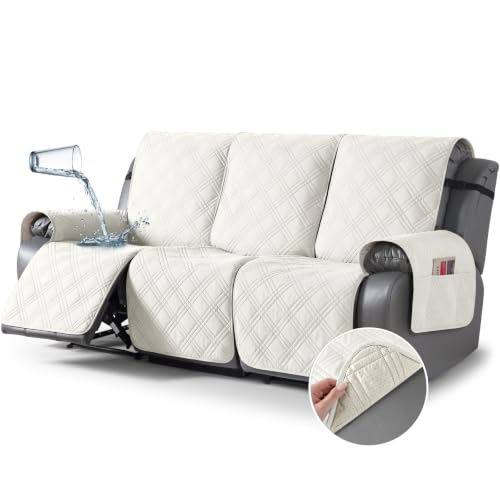 Image of TAOCOCO Waterproof Recliner Sofa Cover Non Slip for Reclining Couch 3 Seat | 100% Waterproof & Washable Split Couch Cover for Dogs & Pets, 3-Piece Recliner Chair Covers with Straps & Pockets, Ivory