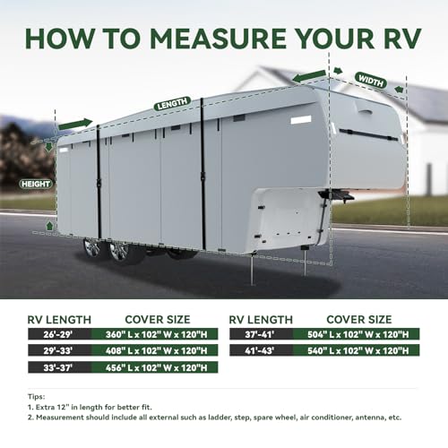 RVGUARD 5th Wheel RV Cover, Camper Cover for 33\' - 37\' RV, 6 Layers Anti-UV Windproof Waterproof Fifth Wheel Cover, with Storage Bag and Straps, Grey