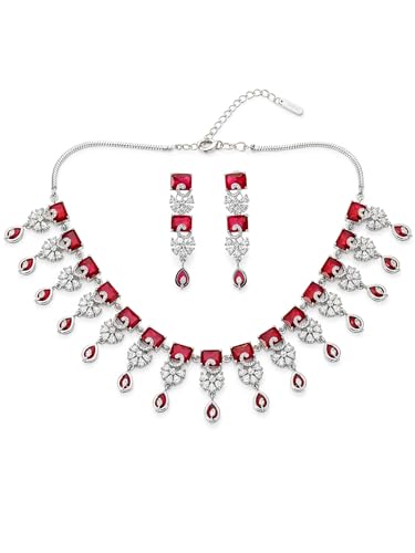 Karatcart Elegant Ruby Red American Diamond Silver Plated Jewellery Set for Women Deal