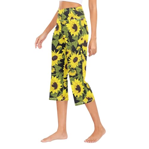 KLL Girassóis em estilo vintage, cintura alta, oito calças de ioga com controle de barriga, calças d