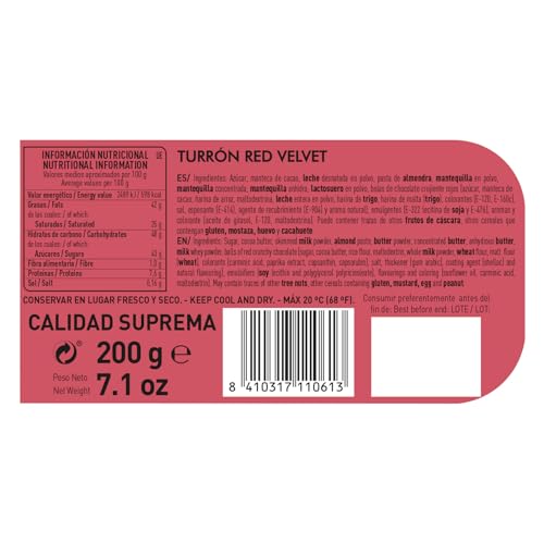 1880, Turrón mit Autoren-Schokolade Red Velvet, cremige Textur, umhüllt von einer knusprigen Schokoladenschicht, edle Zutaten, authentischer Geschmack, der teuerste Turrón der Welt, 200 g