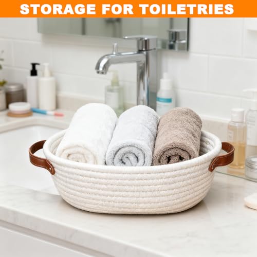 KQDRAVINE Aufbewahrungskorb Geflochten, Baumwollseil Körbchen mit Henkel, Kleiner Korb Geflochten Körbe Aufbewahrung Bad, Flechtkorb für Dekoration, Geschenkkorb Leer, Weiß
