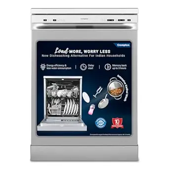 Crompton 13 Place Setting Freestanding Dishwasher with 5 Wash Programs and Super Active Drying System | Energy Saving Dishwasher with Stainless Steel Tub (Voilla 13 PS ENT, Silver Inox)