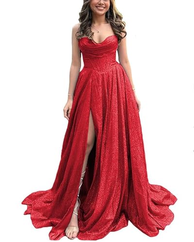 Glitter Satin Prom Dresses Sparkly Formal Ball Gown Spaghetti Strap Evening Dress with Slit