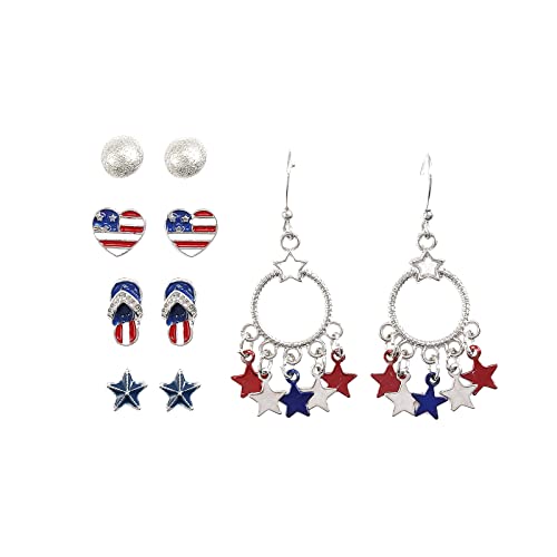 Madison Tyler American Flag Earrings Set For Women Girl, 4Th Of July Heart Star Usa Flag Stud Drop Dangle Earrings, Patriotic Independence Day Jewelry 5Pcs (Style 1) #TOP13
