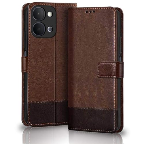 Image of Leather Flip Case Cover Compatible with Back case Cover for iQOO Z11x 5G |Dual Colour|| Hand-Stitched Leather Finish| Lightweight| Inbuilt Card Pockets |(Tan with Brown)
