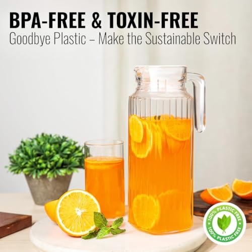 Image of Water Jug - Detox Glass Jugs with Lid for Dining Table - Elegant 1100 ml Transparent Pitcher for Juice, Iced Tea, Infused Water, Milk, Lemonade, Hot & Cold Beverages, Droplis