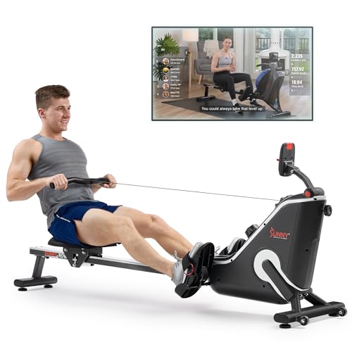 Sunny Health & Fitness Smart Compact Magnetic Rowing Machine with Stainless Steel Slide Rail – Magnetic Resistance Rower for Low-Impact Full-Body Workouts and Users up to 300 LB - SF-RW523043