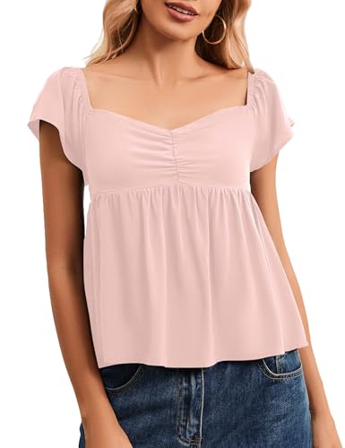 Womens Flowy Peplum Tank Tops Ruffle Sleeve Babydoll Tank Top Sweetheart Neck Smocked Back Short Sleeve Going Out Top Pink
