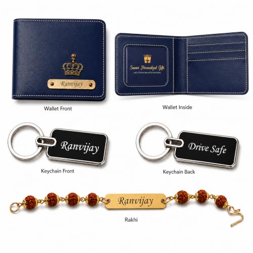 Image of SAVRI Rakshabandhan Gift for Brother | Customized Men's Leather Wallet with Name & Charm, Personalized Metal Keychain & Customized Rudraksha Rakhi with Name | Rakhi Gift for Brother